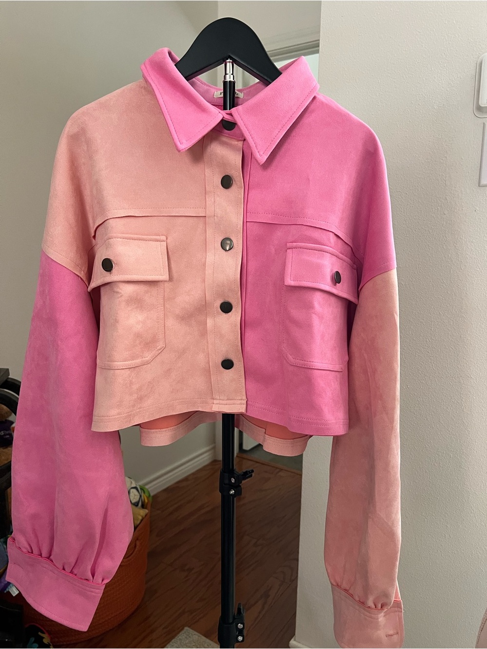 POL Two-Tone Pink Suede Crop Jean Jacket